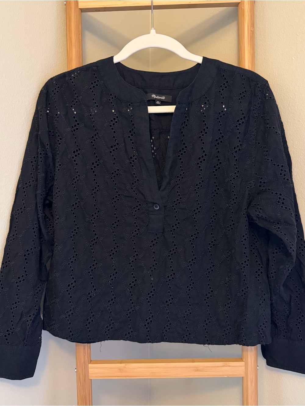 Madewell Black Eyelet Split-Neck Cotton Blouse